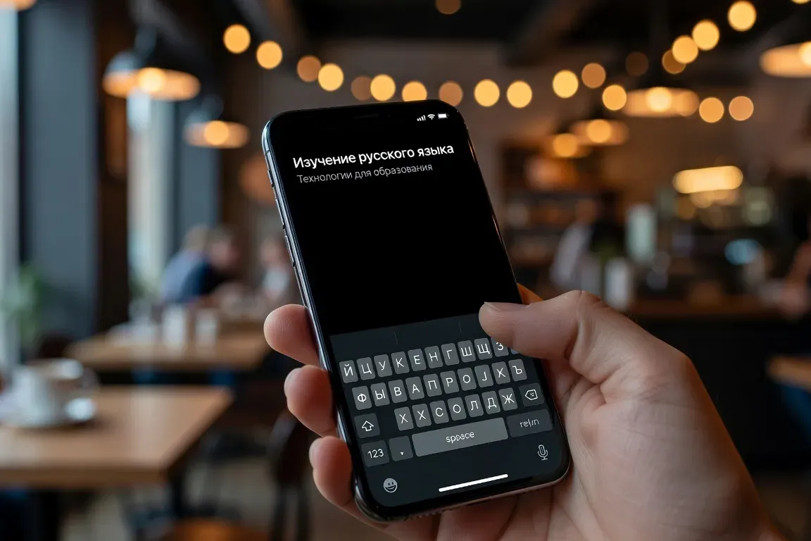 Écran de téléphone avec clavier cyrillique lumineux sur fond flou