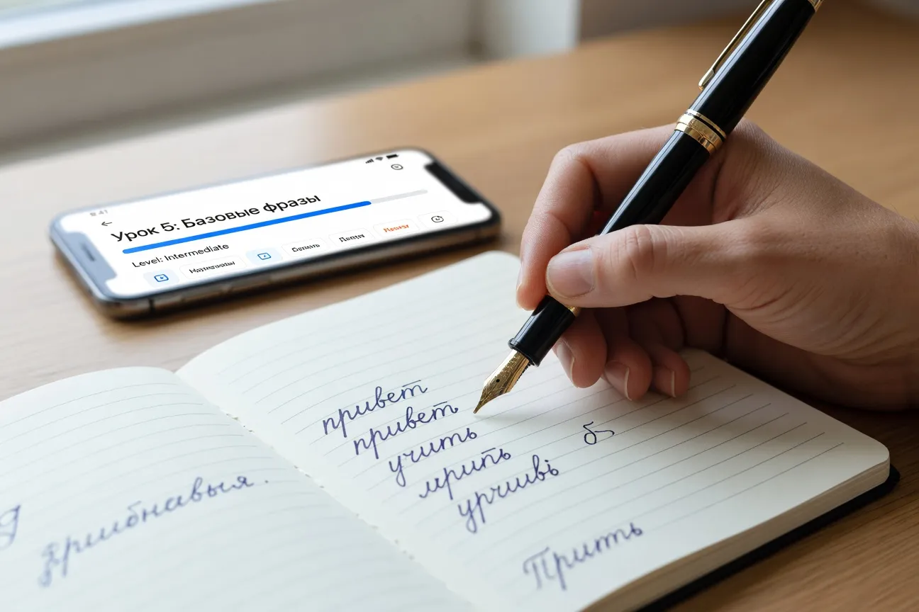 Main qui écrit des caractères cyrilliques dans un cahier avec une application linguistique en arrière-plan flou