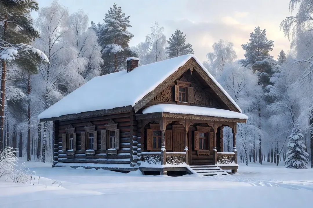Isba russe en bois sculpté dans la forêt enneigée, détails ornementaux des volets et du perron, lumière hivernale douce