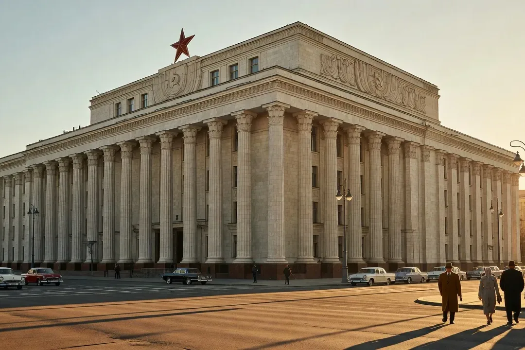 Bâtiment stalinien monumental à Moscou, style néoclassique soviétique, colonnes massives, perspective urbaine dramatique à l'heure dorée