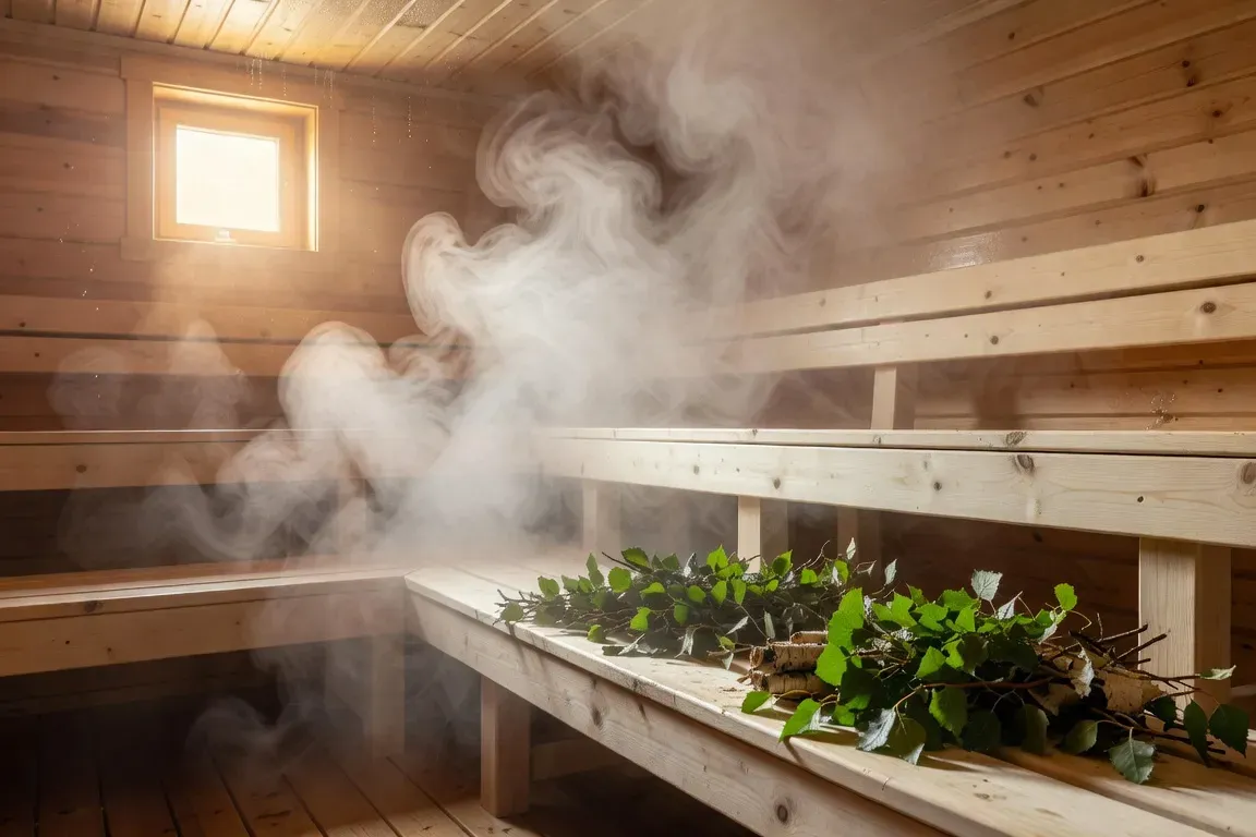 Intérieur d'une banya russe avec vapeur, bancs en bois clair et bouquets de bouleau veniki