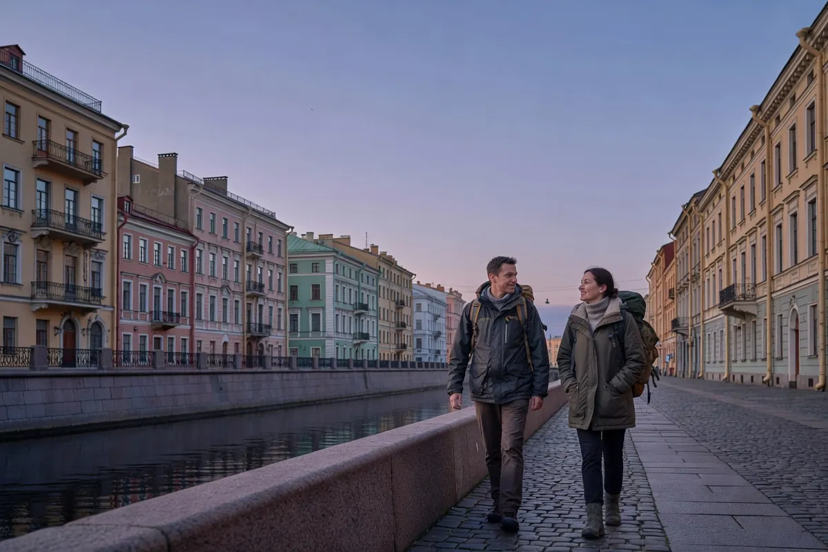 Deux voyageurs qui se promènent au bord d'un canal de Saint-Pétersbourg au crépuscule