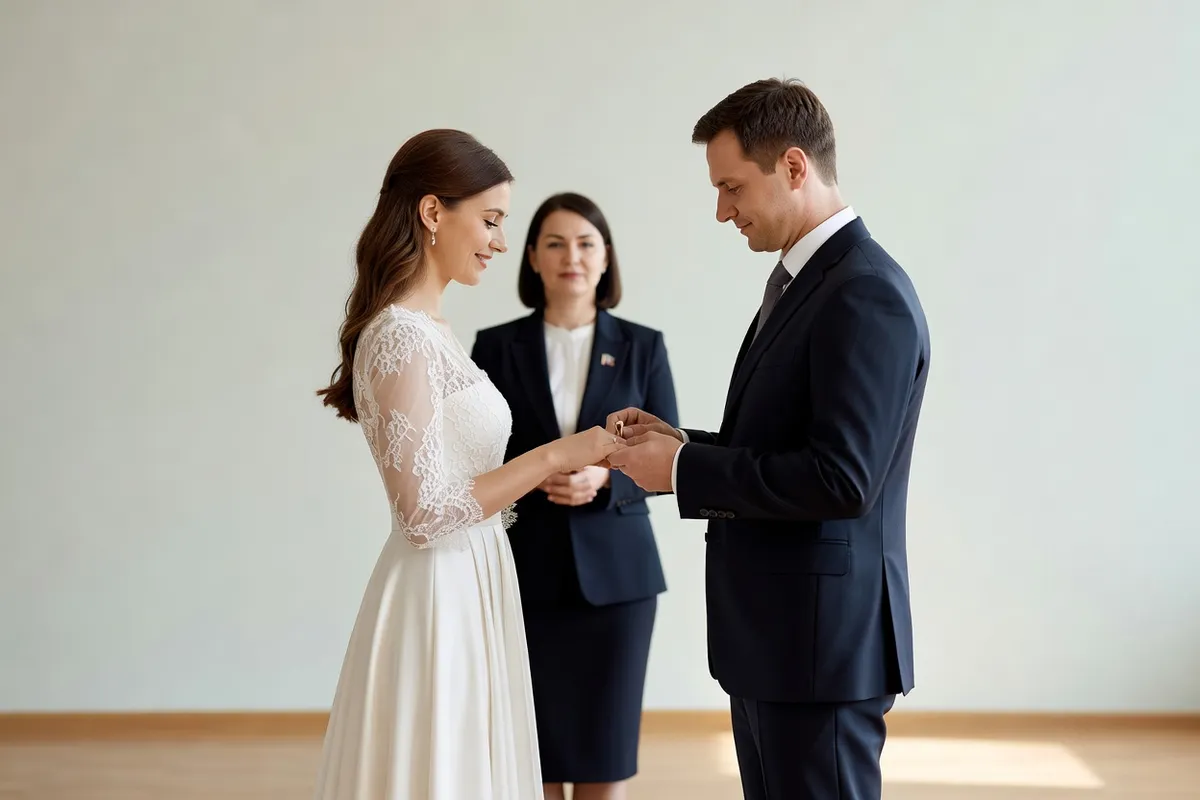 Couple qui échange ses alliances lors d'une cérémonie de mariage civil en Russie
