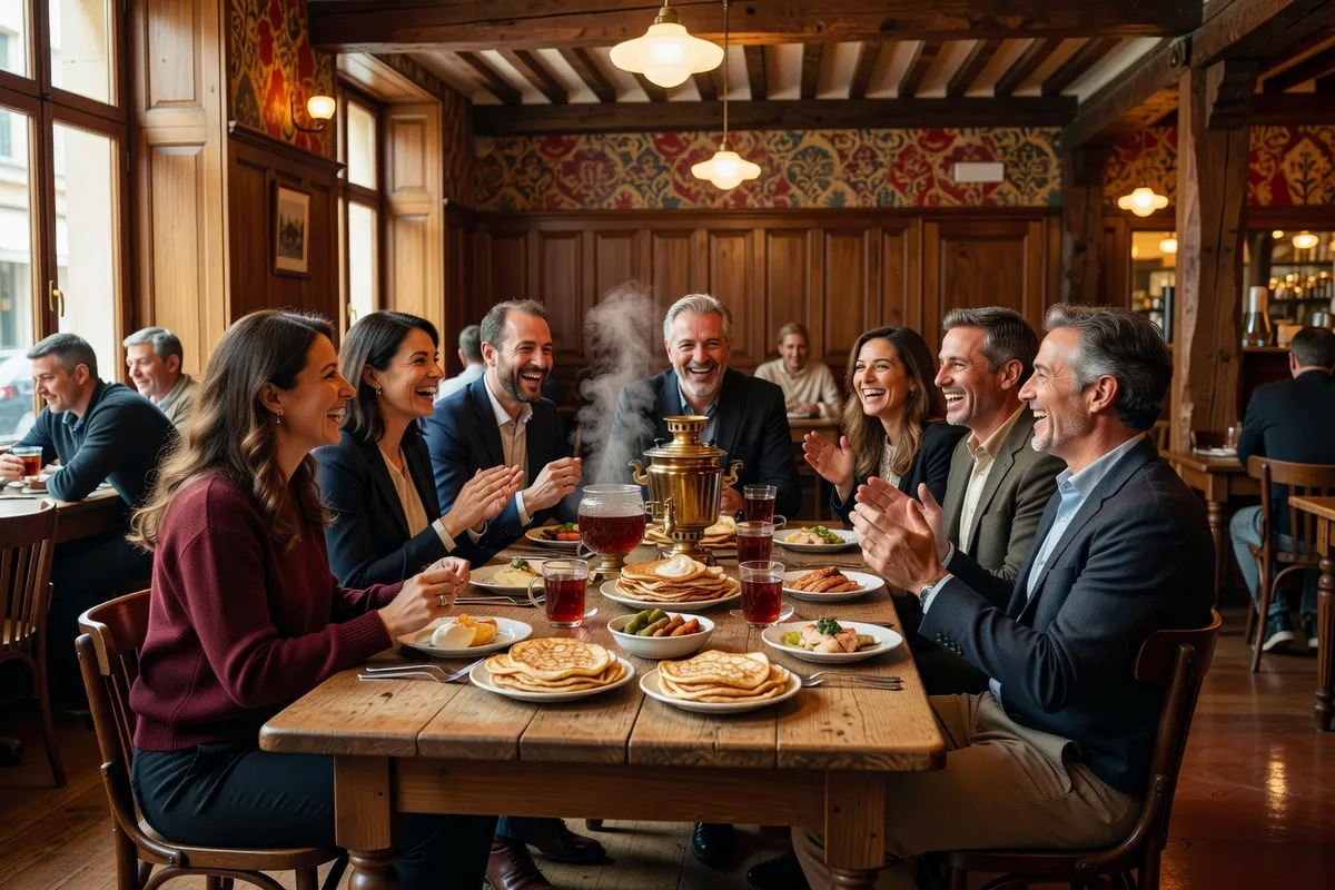 Amis réunis autour d'une table dans un restaurant russe de Bordeaux