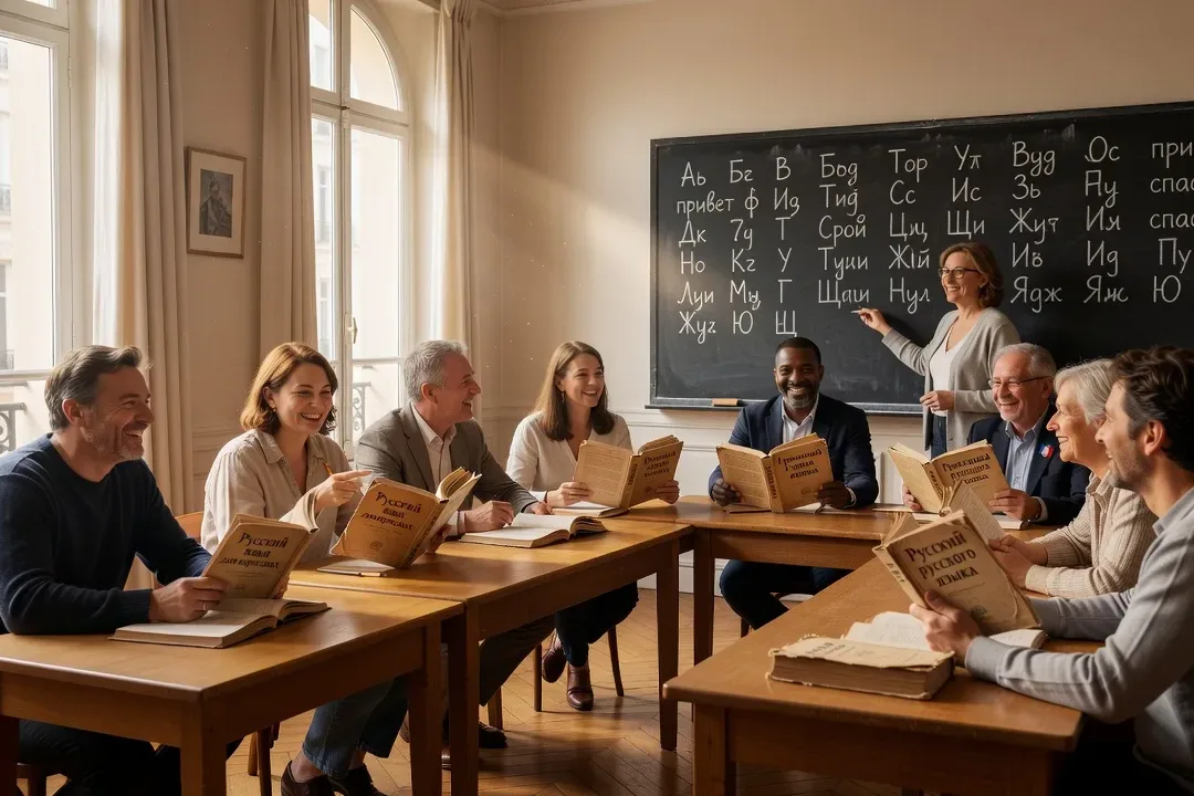 Cours de langue russe dans une salle lumineuse parisienne, adultes souriants avec manuels cyrilliques, tableau noir avec alphabet cyrillique