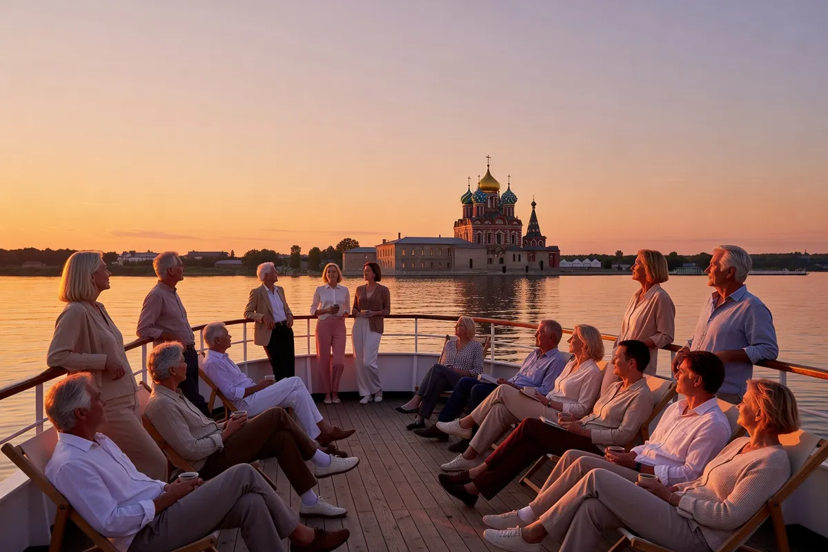 Passagers sur le pont d'un bateau de croisière sur la Volga au coucher du soleil