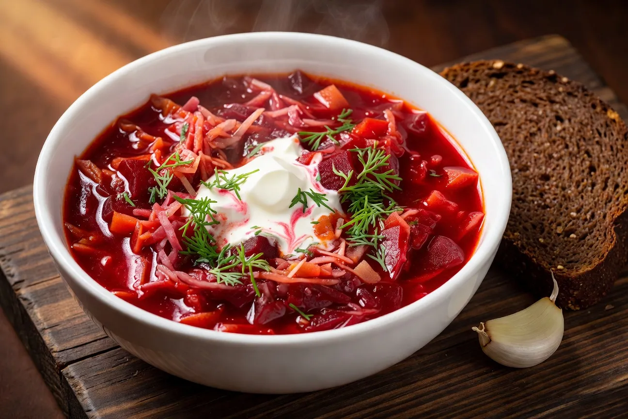 Bortsch traditionnel rouge avec smetana, pain noir et aneth