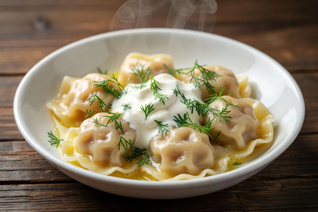 Assortiment de pelmeni russes servis avec smetana et aneth frais