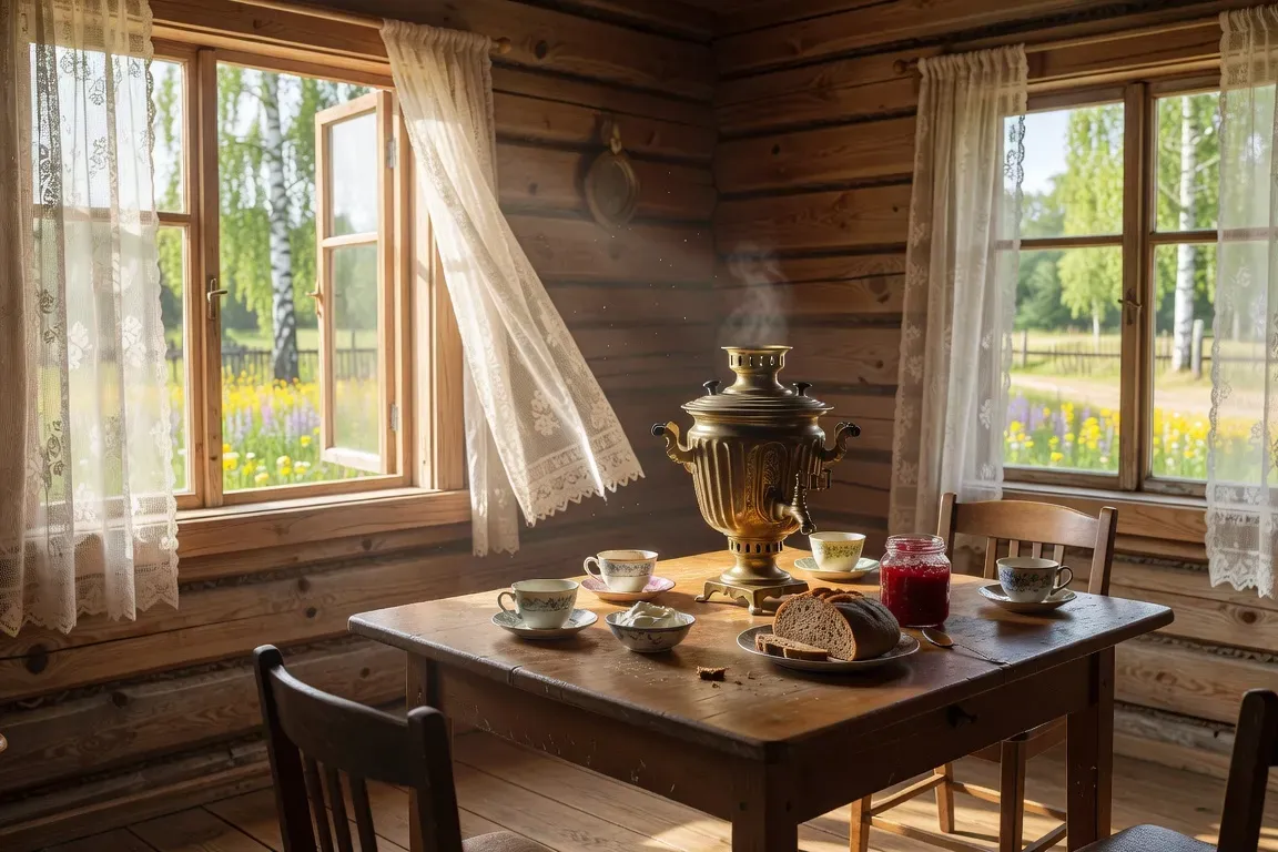 Jardin de datcha russe en été, rangées de légumes, clôture en bois, bouleaux au fond, lumière matinale