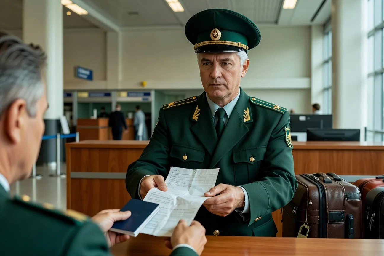 Douanier russe en uniforme vert examinant un formulaire de déclaration remis par un voyageur à l'aéroport