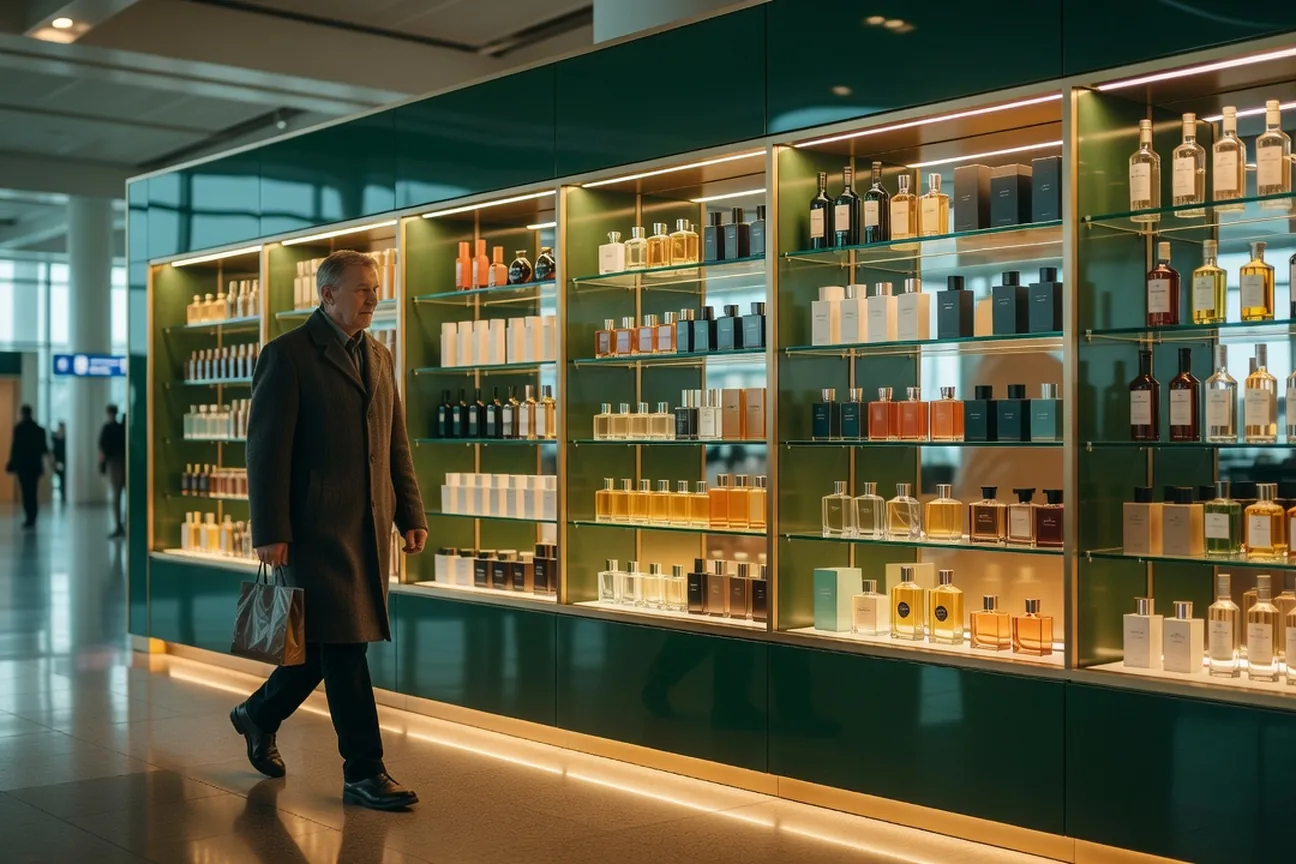 Voyageur passant devant les rayons de parfums et d'alcools du duty-free d'un aéroport