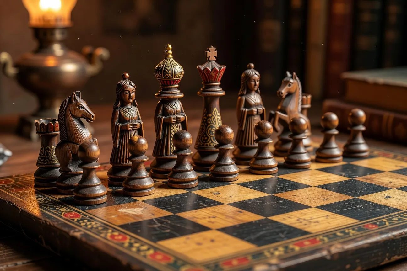 Pièces d'échecs en bois sculpté de style russe traditionnel sur un échiquier ancien
