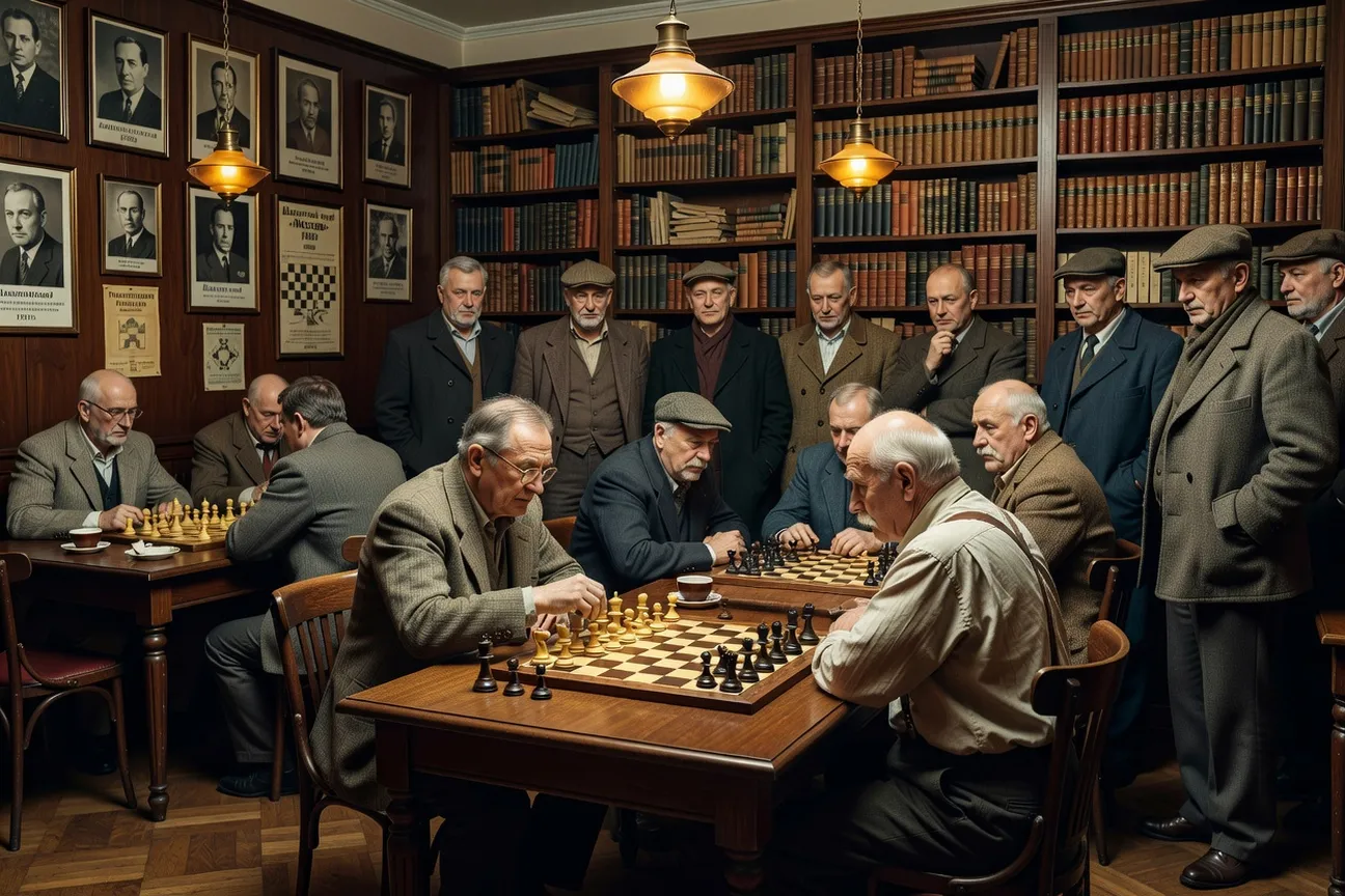 Intérieur d'un club d'échecs moscovite avec joueurs en pleine partie et spectateurs attentifs