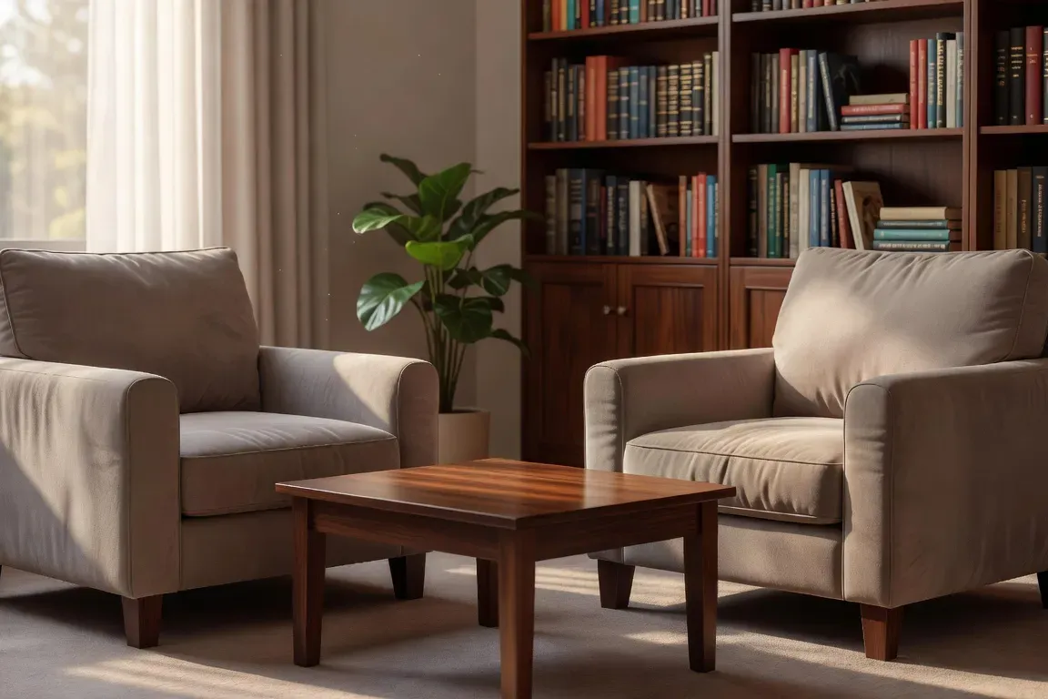 Cabinet de psychologue calme avec deux fauteuils face à face et une plante verte
