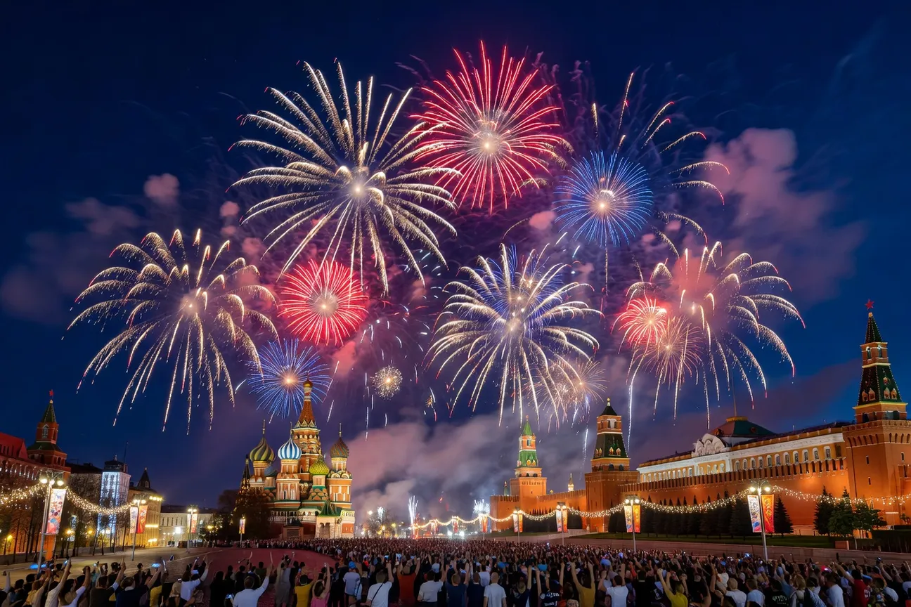 Feu d'artifice et célébration du 9 mai à Moscou avec drapeaux et rubans de Saint-Georges