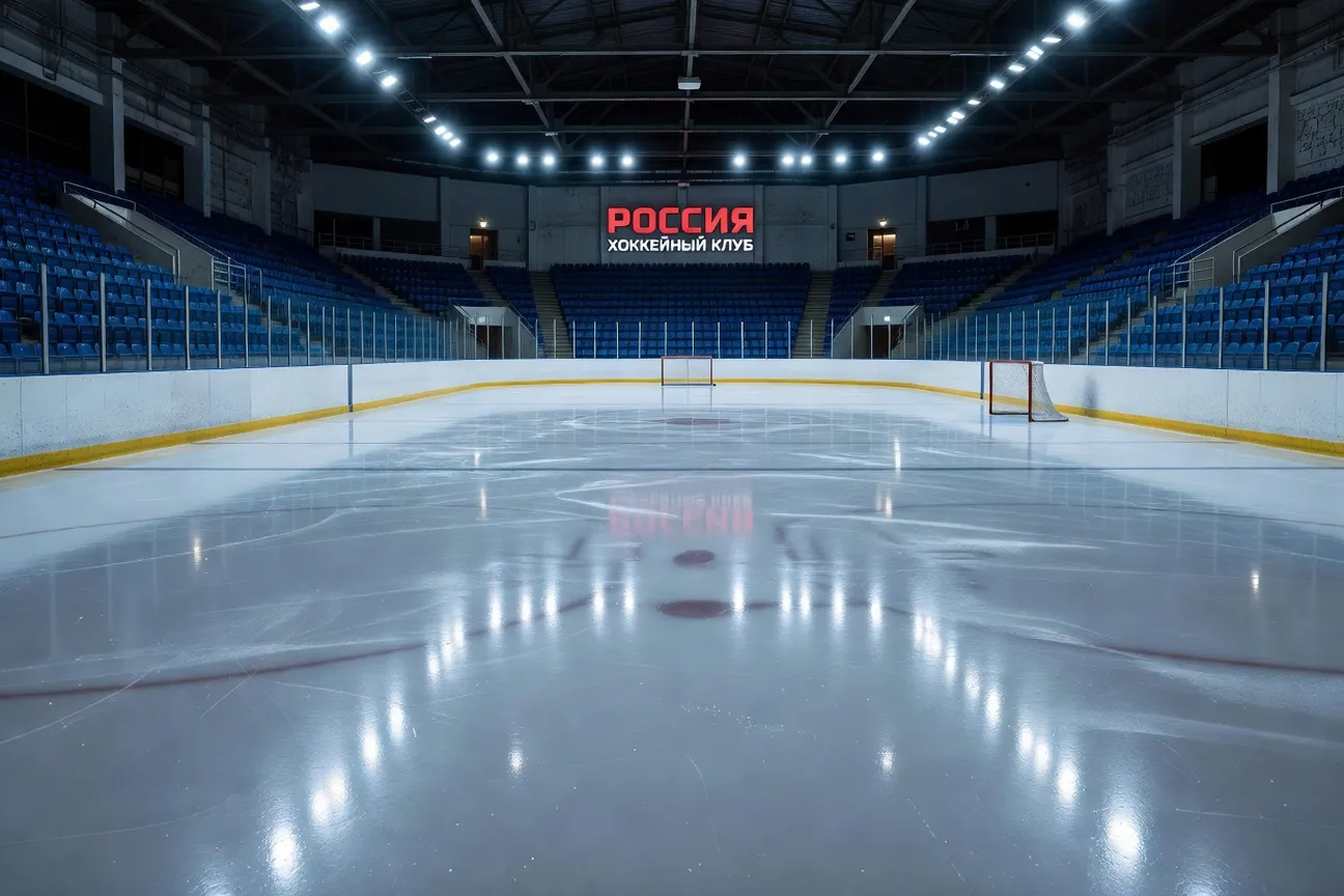 Patinoire de hockey russe avec joueurs en pleine action et public dans les tribunes