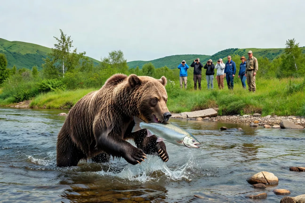 Ours brun pêchant un saumon sous les yeux d'un groupe de touristes accompagné d'un guide au Kamtchatka