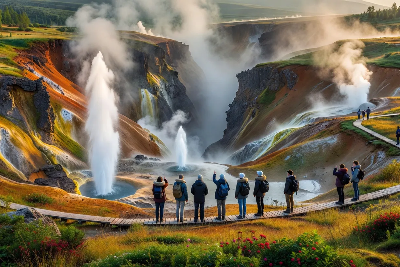 Visiteurs sur une passerelle de bois observant les geysers en éruption dans la vallée des geysers du Kamtchatka