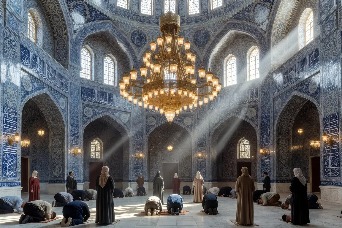 Intérieur de la mosquée Kul-Sharif, coupole bleue ornée, lumière naturelle, mosaïques turquoise et dorées