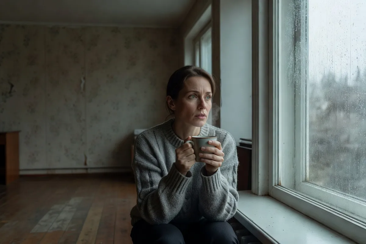 Femme pensive devant une fenêtre, une tasse de thé à la main, par temps de pluie