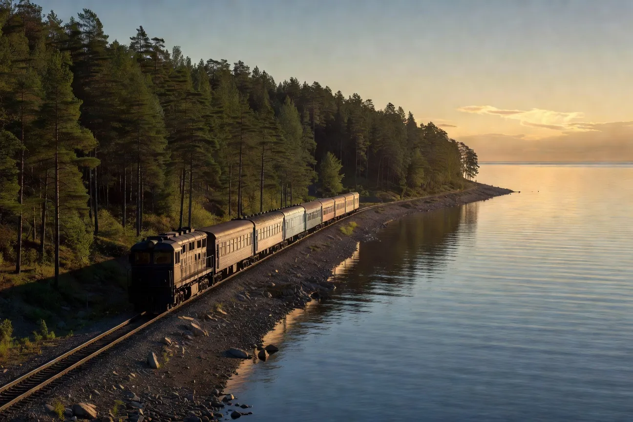 Train Transsibérien longeant le rivage du lac Baïkal en été