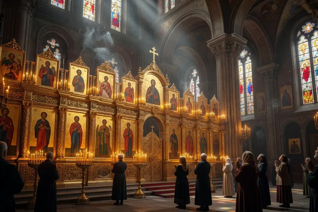 Intérieur d'une église orthodoxe russe illuminée de bougies, iconostase dorée en arrière-plan