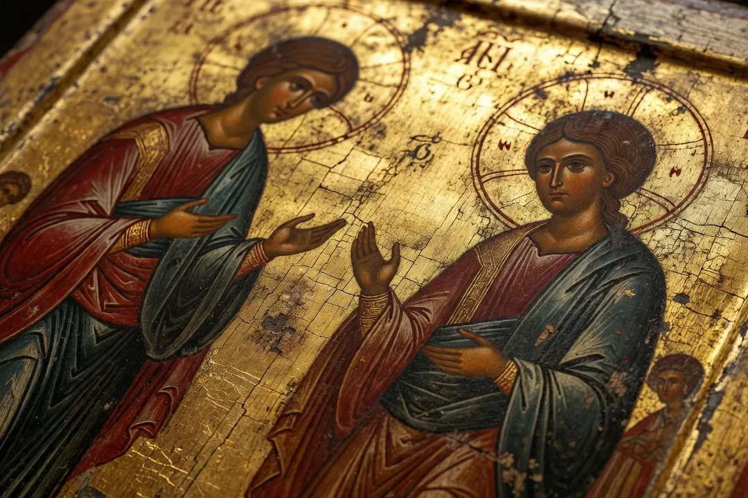 Détail d'une icône orthodoxe russe ancienne, fond d'or et tempera sur bois, style byzantin
