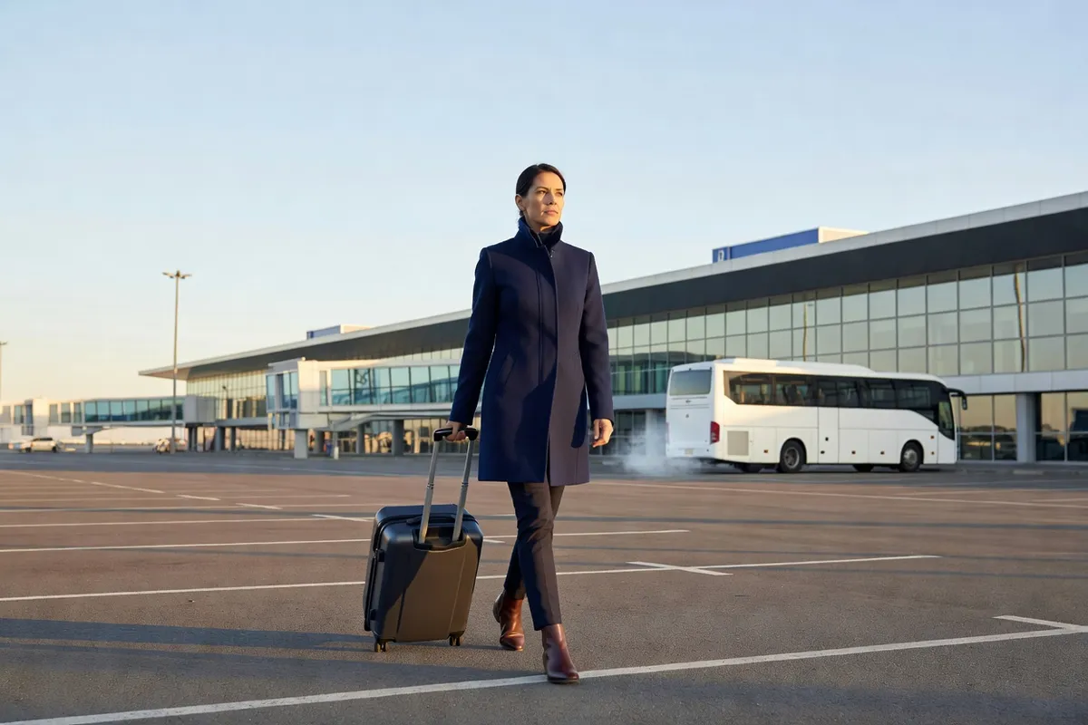Voyageuse avec sa valise qui rejoint le terminal depuis un parking d'aéroport