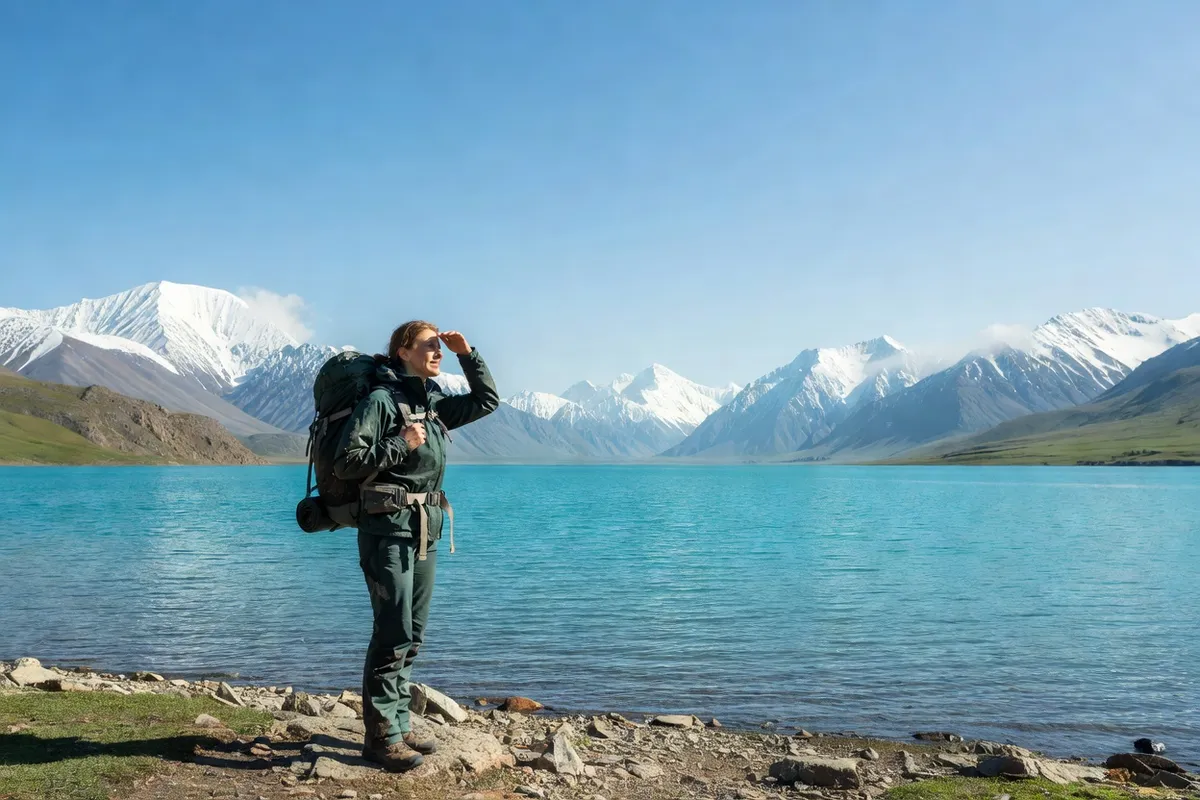 Randonneuse au bord d'un lac turquoise dans les montagnes de l'Altaï