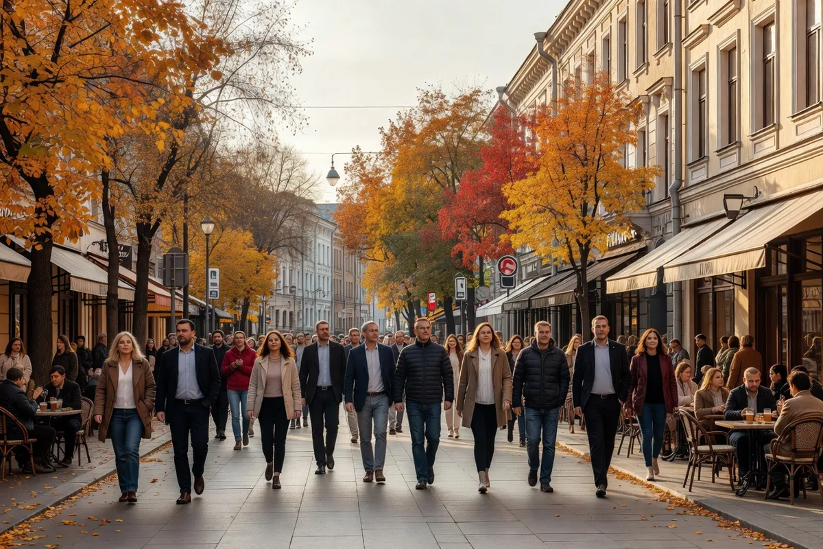 Passants de tous âges sur une rue piétonne animée de Moscou