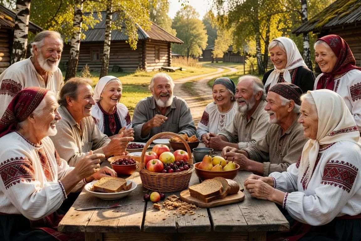 Grand-mère russe en cuisine de datcha, tablier fleuri, raconte quelque chose à sa petite-fille, geste expressif