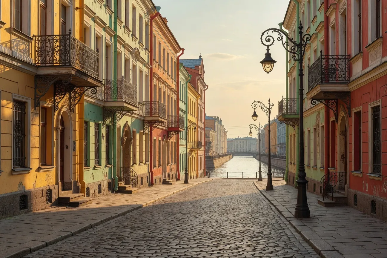Rue pavée de Saint-Pétersbourg avec balcons en fer forgé et canaux historiques