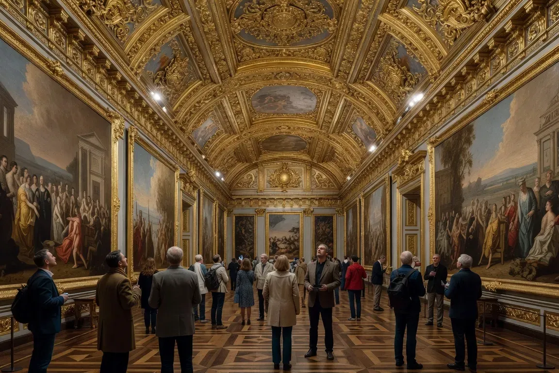Grande salle du musée de l'Ermitage avec œuvres d'art et visiteurs sous un plafond doré
