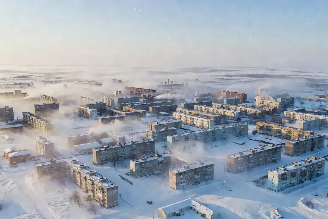 Vue aérienne d'Iakoutsk en hiver, ville parsemée d'immeubles soviétiques dans une plaine enneigée, brume de froid intense, horizon à perte de vue
