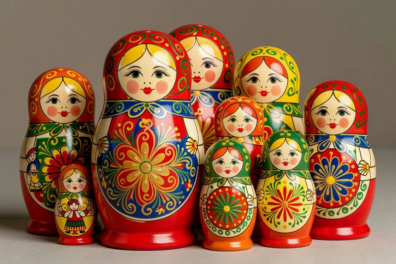 Matriochkas peintes à la main en gros plan, motifs traditionnels colorés