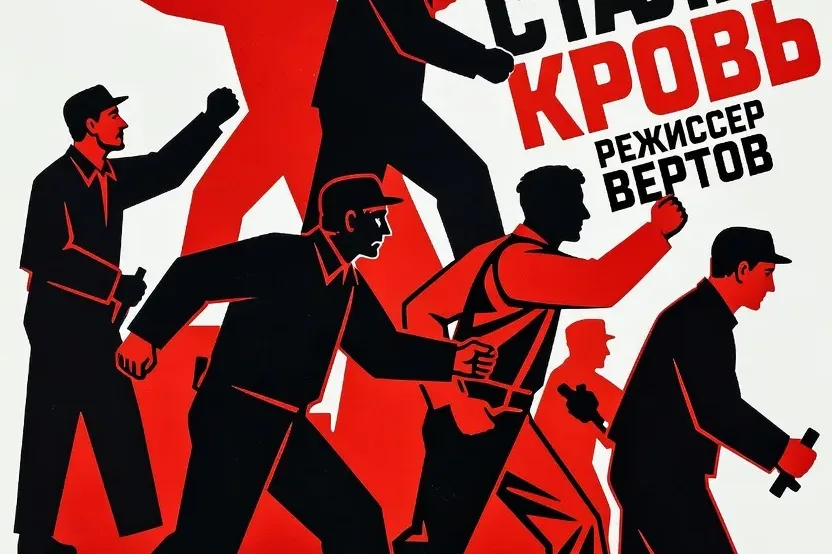 Affiche de cinéma style soviétique constructiviste, rouge et noir, silhouettes dramatiques, typographie cyrillique, style années 1920-1930