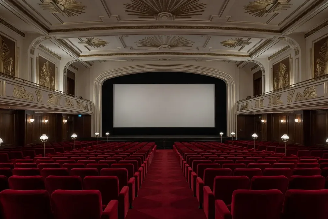 Salle de cinéma art déco à Moscou, fauteuils rouges, écran blanc avant projection, lumières tamisées, architecture des années 1950