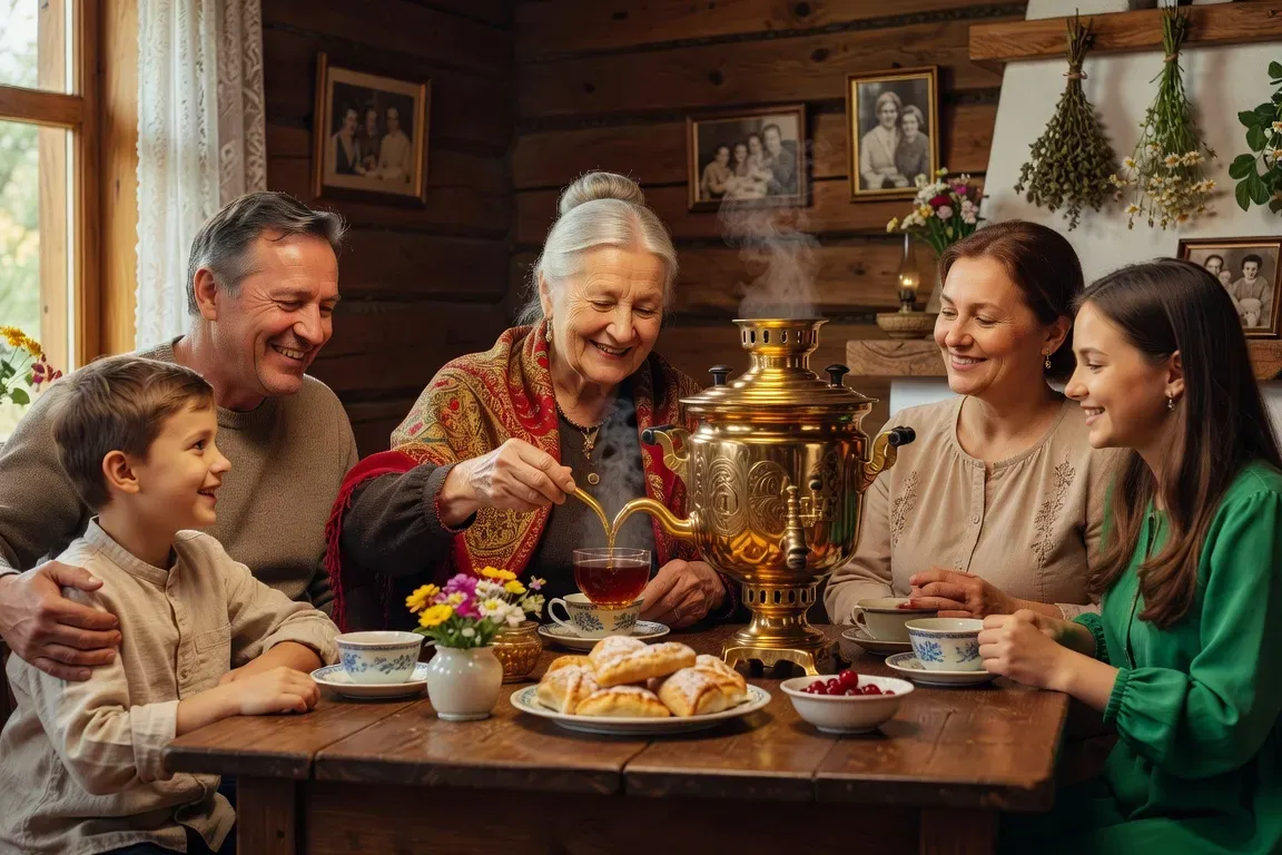 Famille russe réunie autour d'un samovar lors d'une fête, babouchka servant le thé
