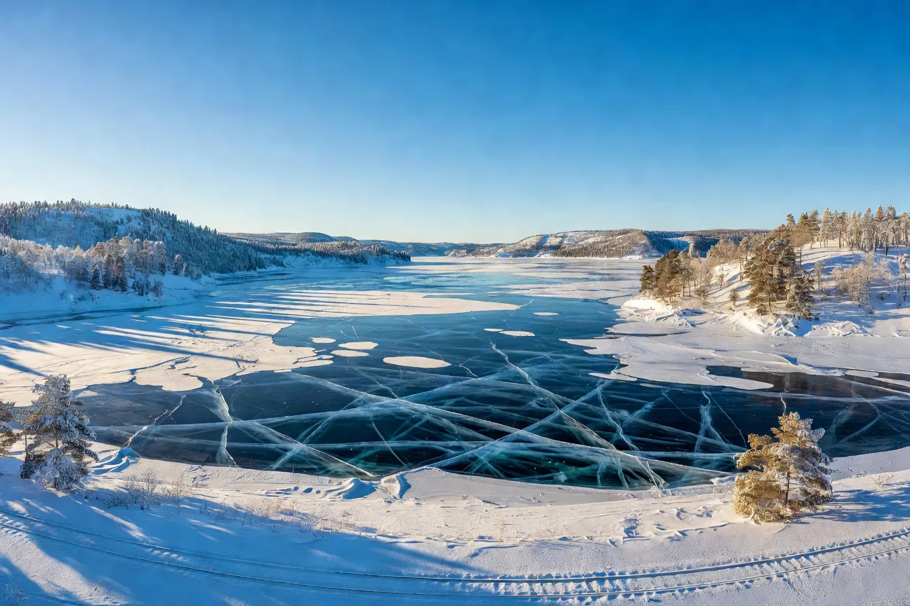 Vue du lac Baïkal gelé en hiver depuis le Transsibérien