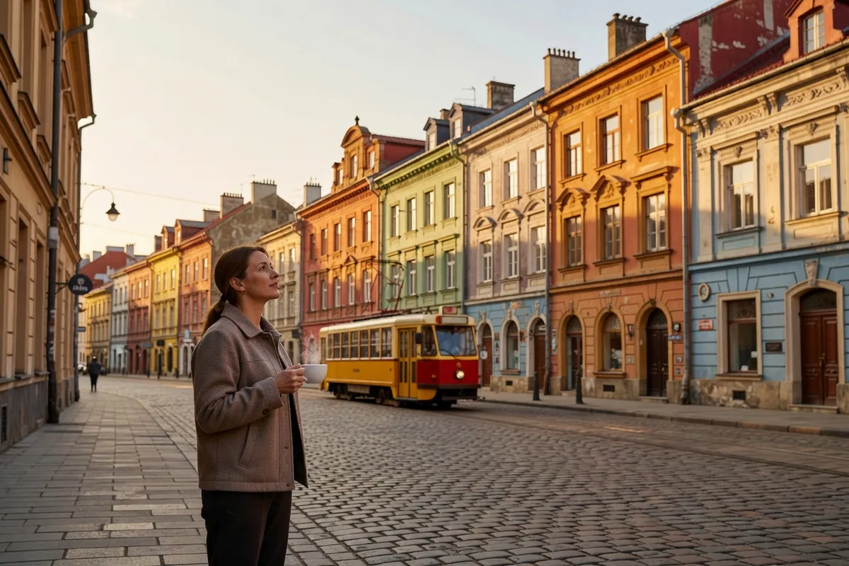 Touriste dans une rue pavée de la vieille ville de Lviv, un café à la main