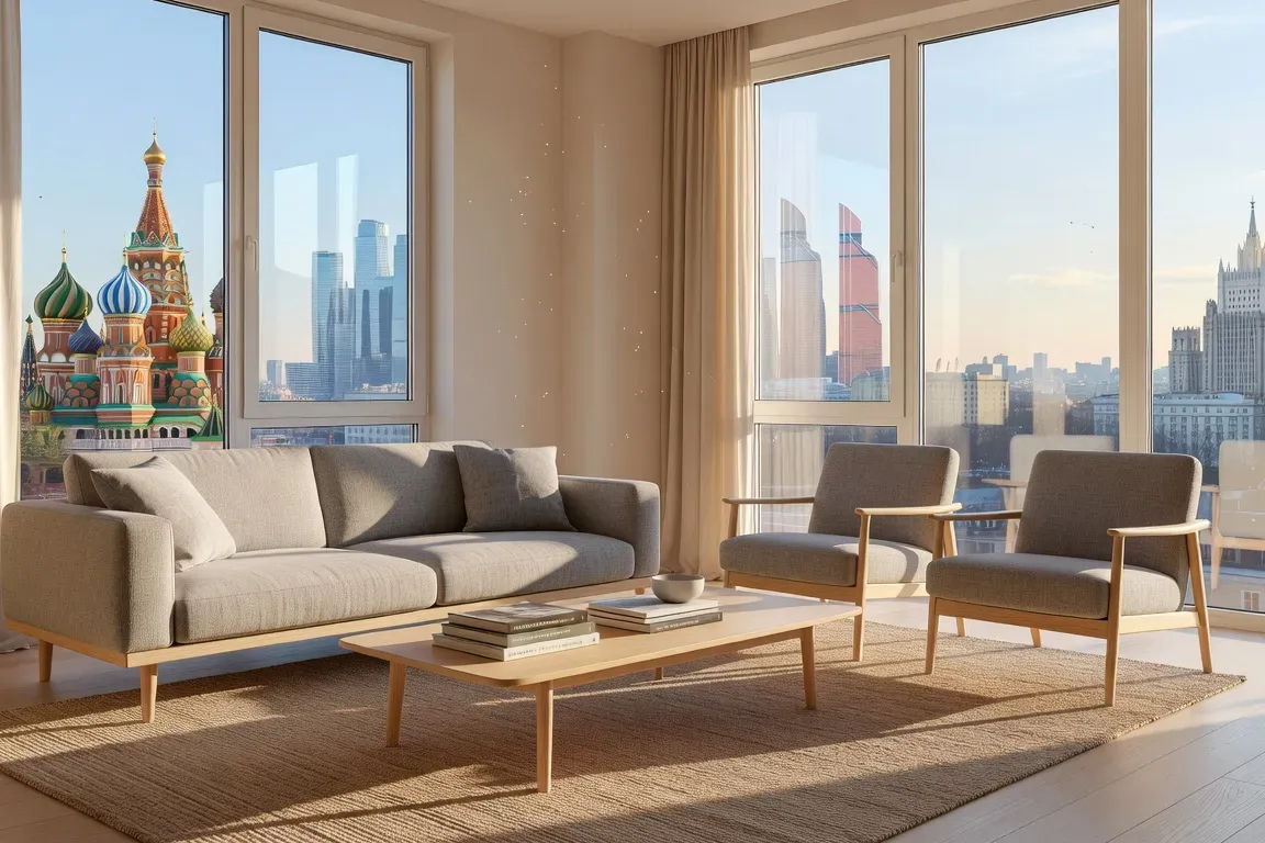 Salon moderne lumineux d'un appartement moscovite avec vue sur la skyline de la ville