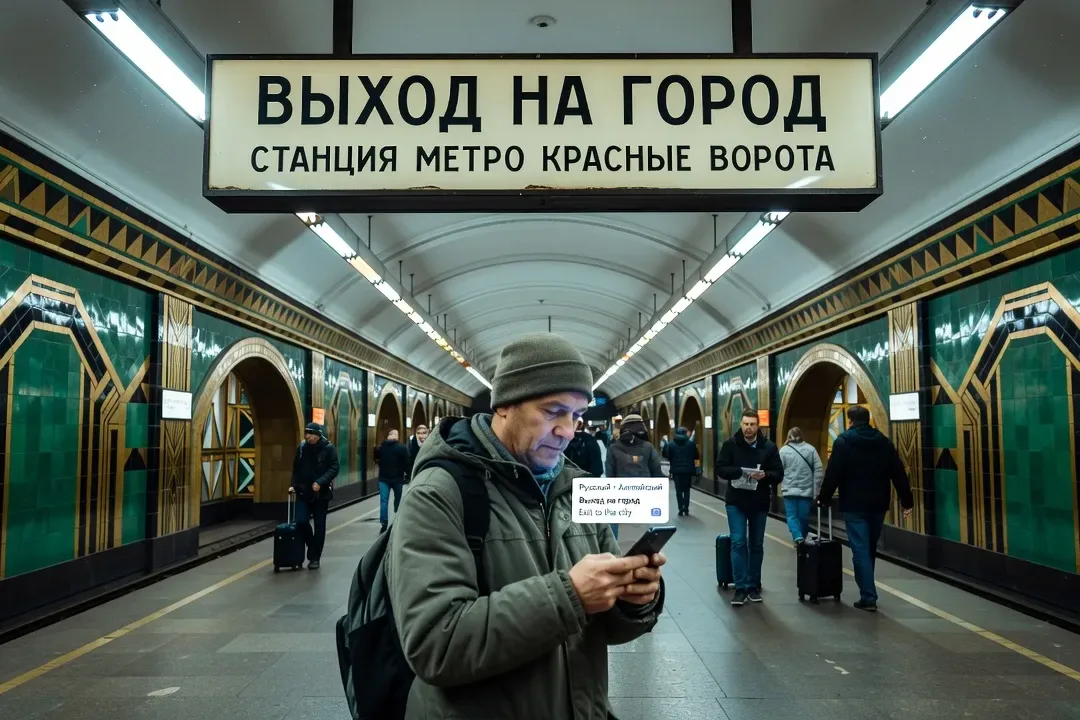 Panneau de signalisation russe en cyrillique dans le métro de Moscou, carrelage art déco, voyageur consultant son téléphone avec appli traduction