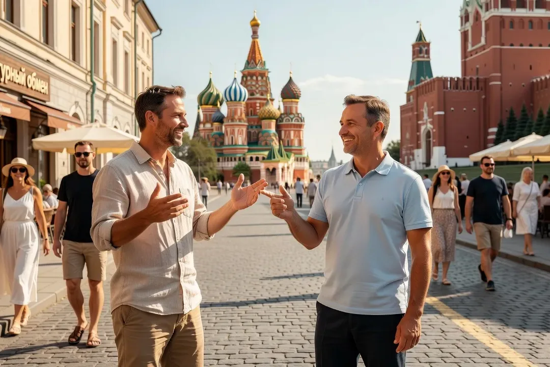 Conversation amicale entre un touriste français et un Russe souriant dans une rue de Moscou, gestes expressifs, soleil d'été