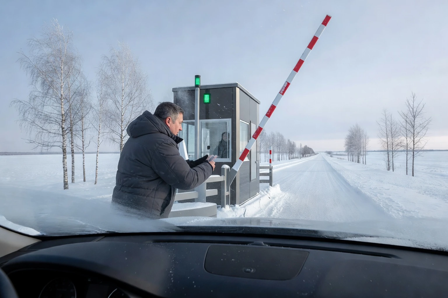 Conducteur payant au péage d'une autoroute russe en hiver, barrière levée et poste de péage modernes sur la M-11