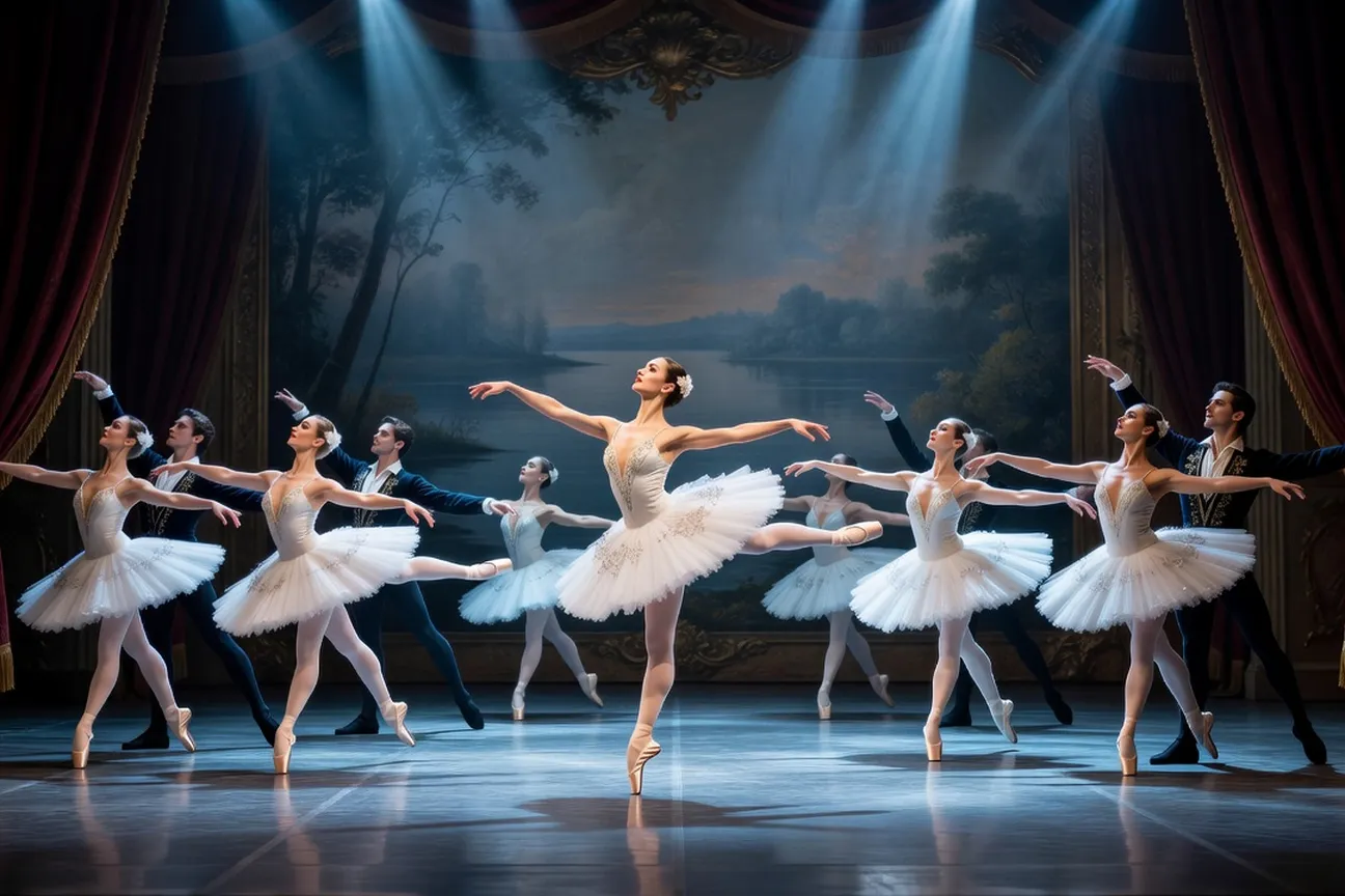 Danseurs etoiles du Bolchoi sur scene lors d'un ballet classique