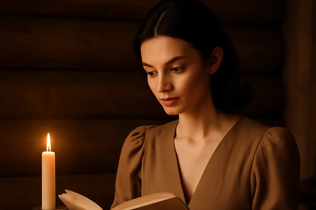 Femme lisant un livre ancien de contes russes illustrés à la lueur d’une bougie
