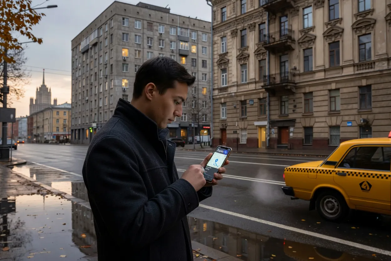 Un voyageur consulte une application de réservation de taxi sur son smartphone dans une rue de Moscou