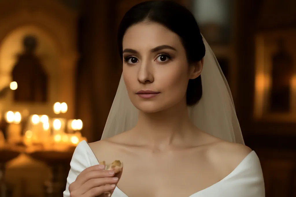 Mariée dans une église orthodoxe russe tenant une alliance à la main droite, entourée de bougies