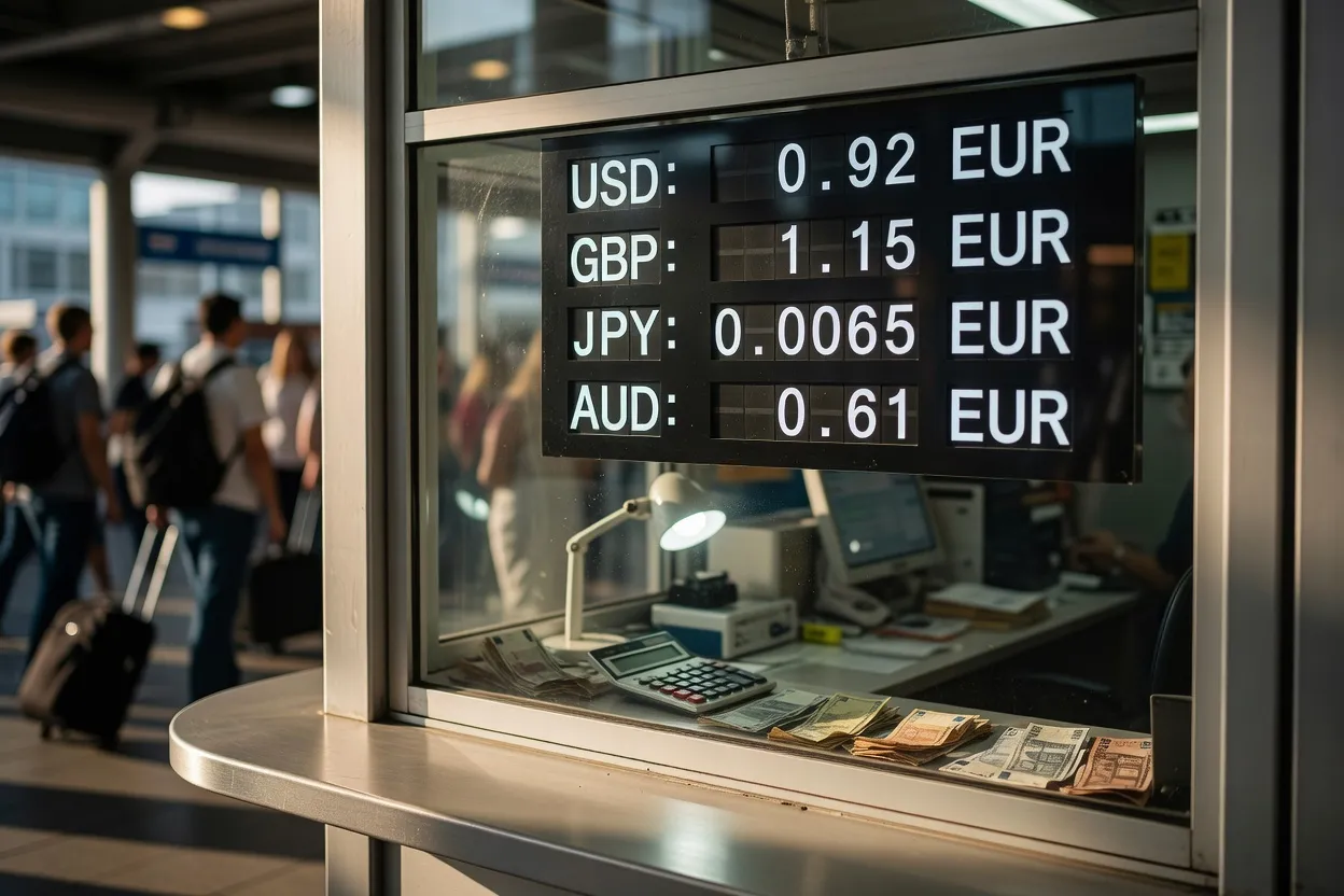 Comptoir de bureau de change avec panneau de taux affiché