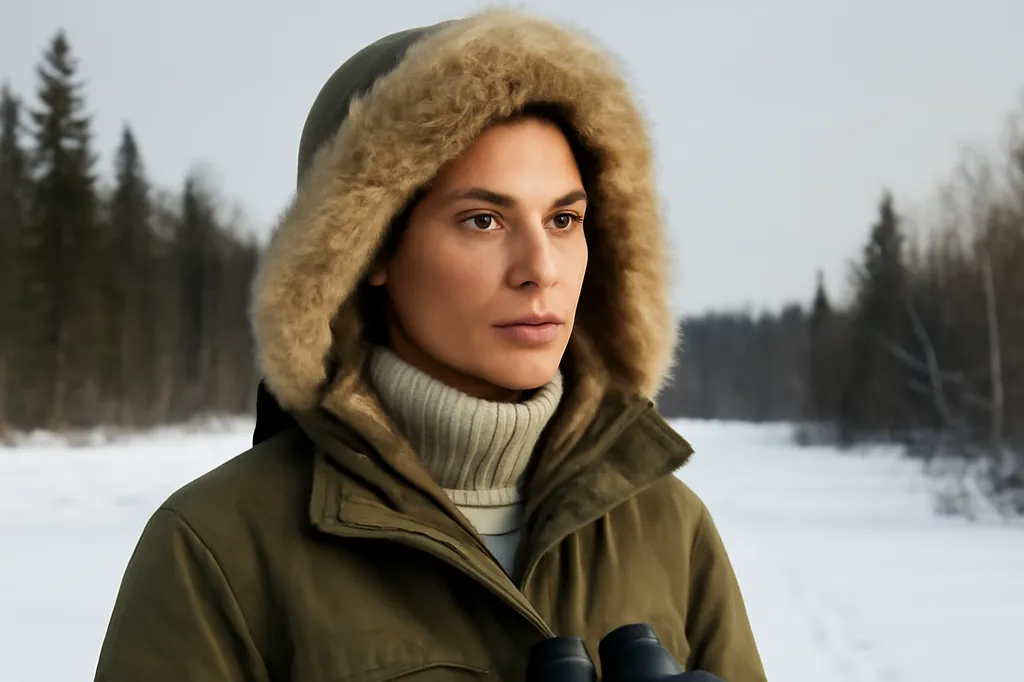 Chercheuse en tenue d’hiver observant la taïga enneigée avec des jumelles près du lac Baïkal